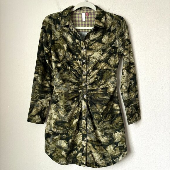 Anthropologie Pilcro Ruched Corduroy Button Down Long Sleeve Mini Shirt Dress - Picture 1 of 10
